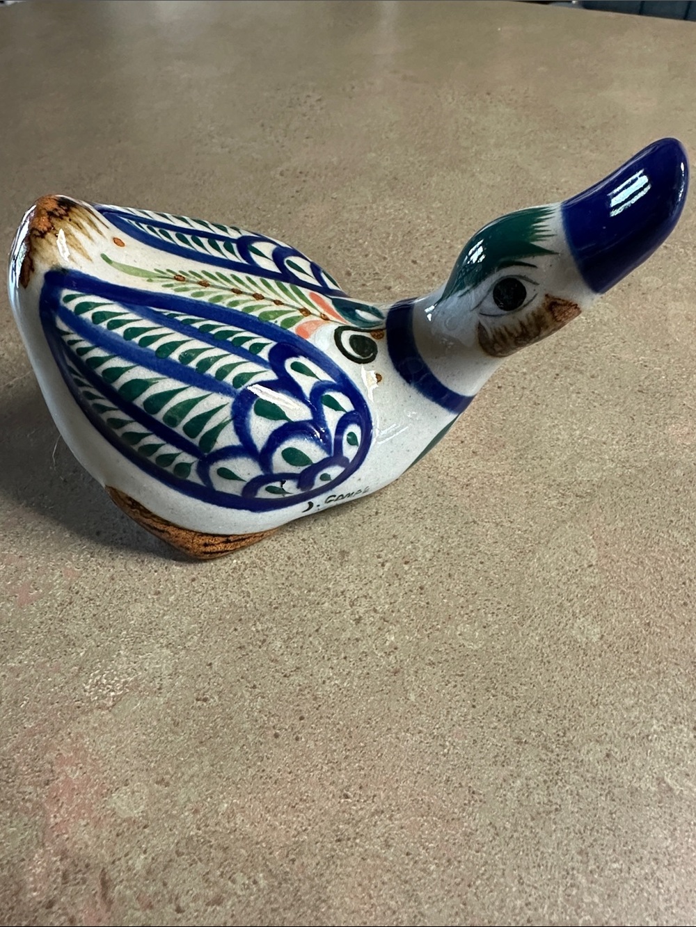 Vintage Mexican Folk Art Hand-Painted Decorative Ceramic Duck Figurine